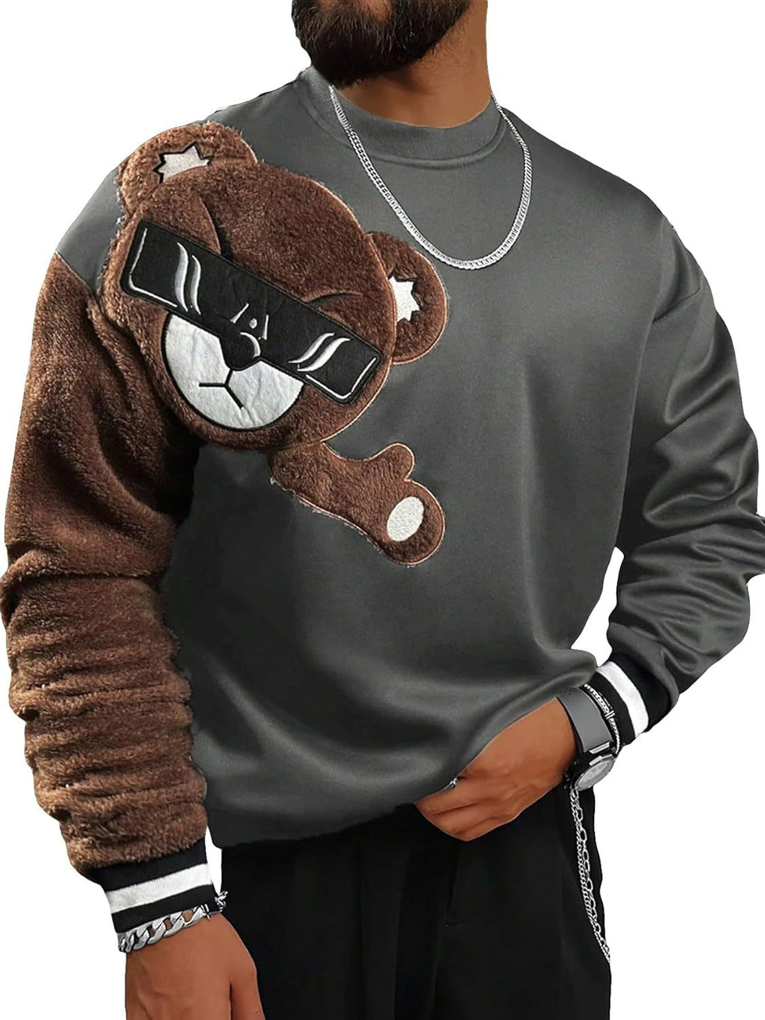 Herren Sweatshirt mit plüschiger Bärenapplikation EB