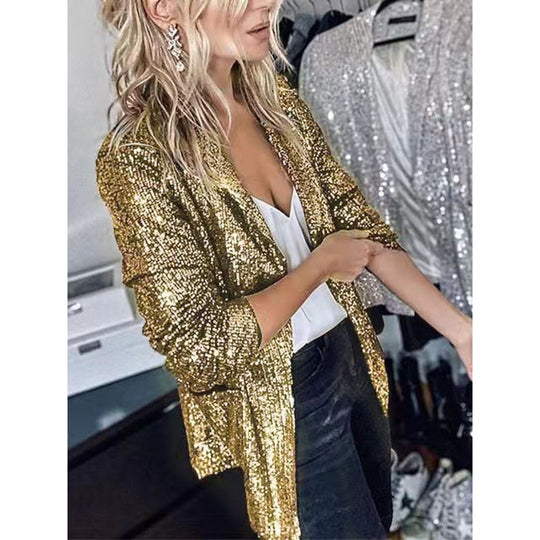 Damen Glamouröse Blazerjacke mit Paillettenbesatz und langem Arm EB