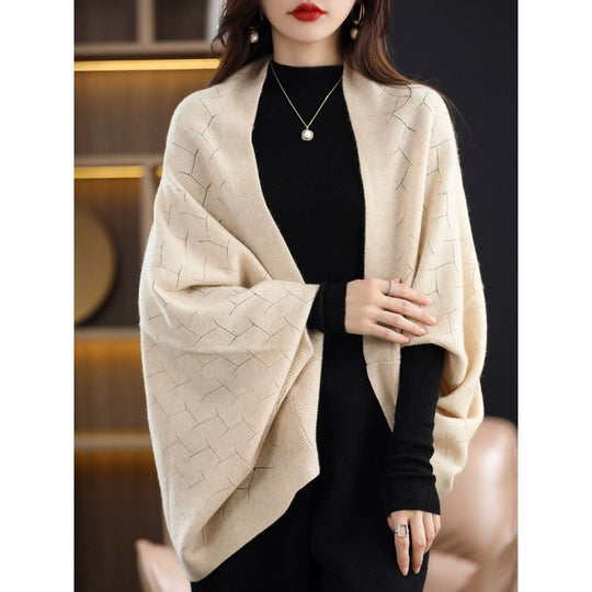 Damen Großer Strickponcho mit modernem Rautenmuster EB