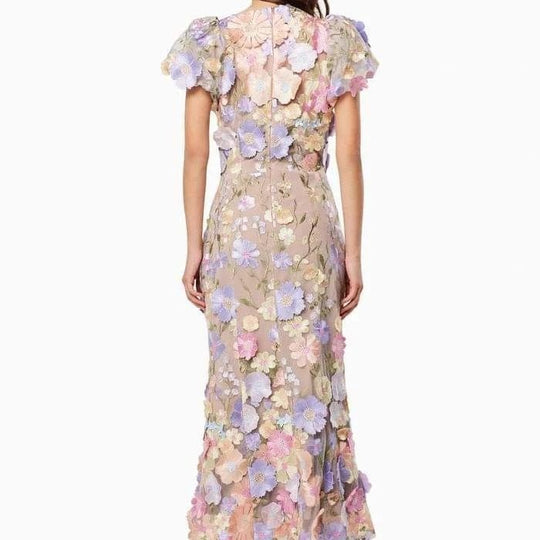 Damen Blumenkleid mit 3D-Blütenapplikationen EB