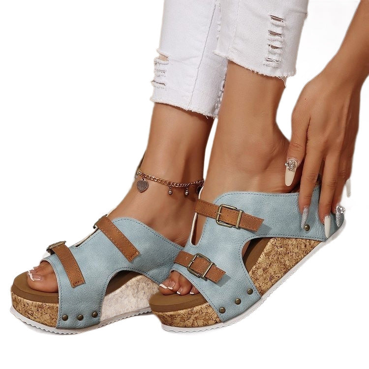 Damen bequeme Wedge-Pantoletten mit dekorativen Riemchen und korkgesunder Sohle EB