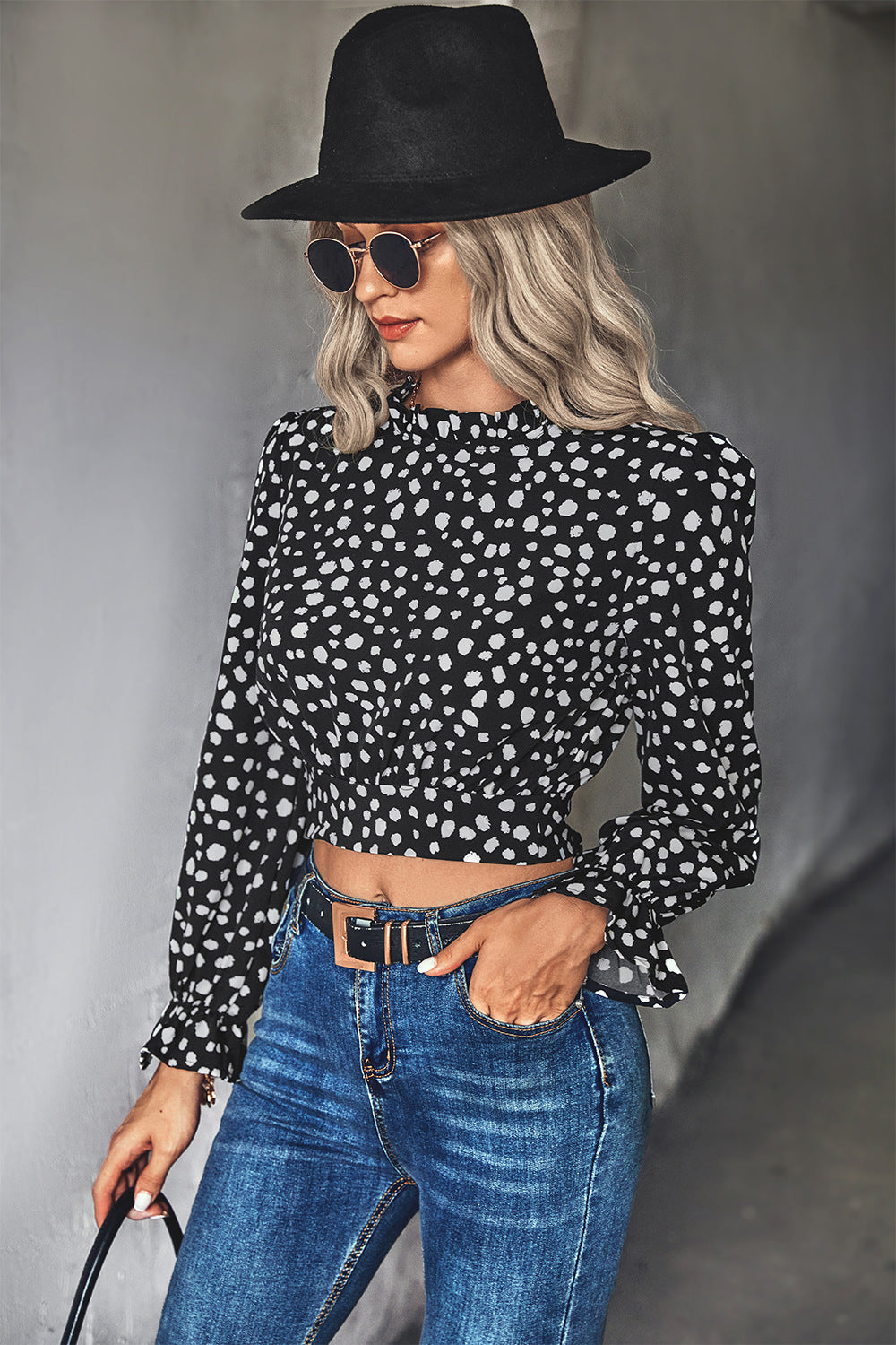 Damen Stehkragen-Blusenshirt mit Volantärmeln und Leopardenmuster EB