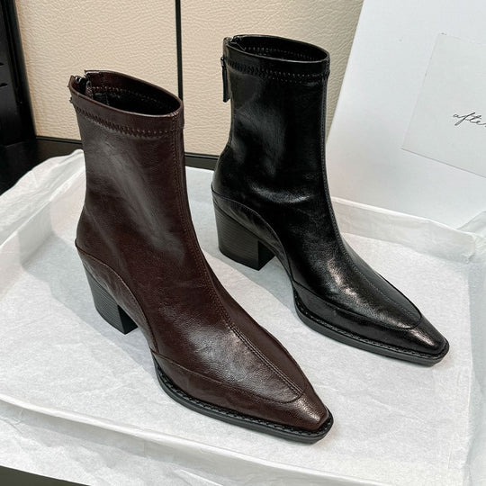Damen elegante Ankle Boots mit robustem Blockabsatz und spitz zulaufender Zehenpartie EB