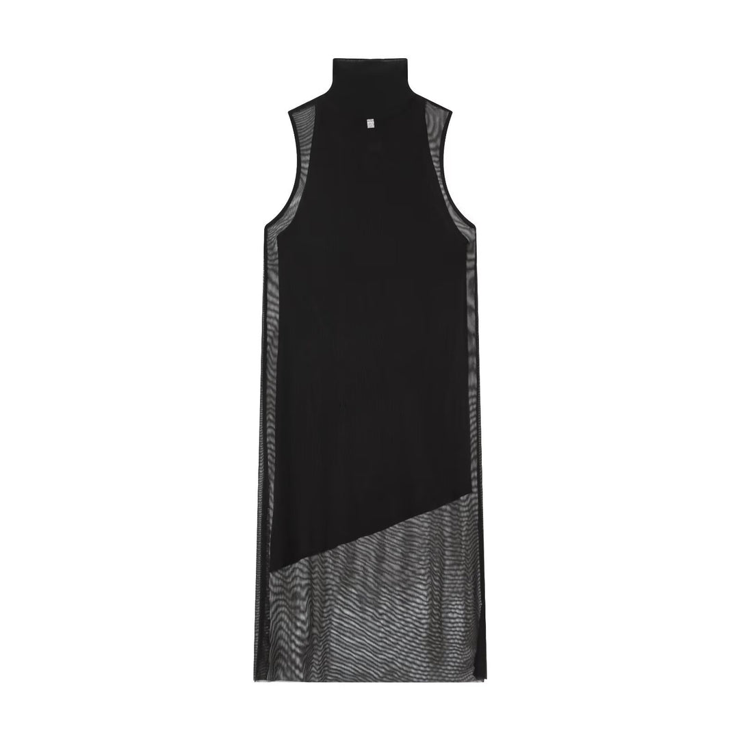 Damen Langarm Kleid aus transparentem Mesh-Material mit Stehkragen EB