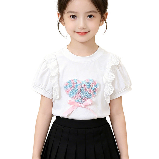 Mädchen T-Shirt mit Herzmotiv und Rüschendetails EB