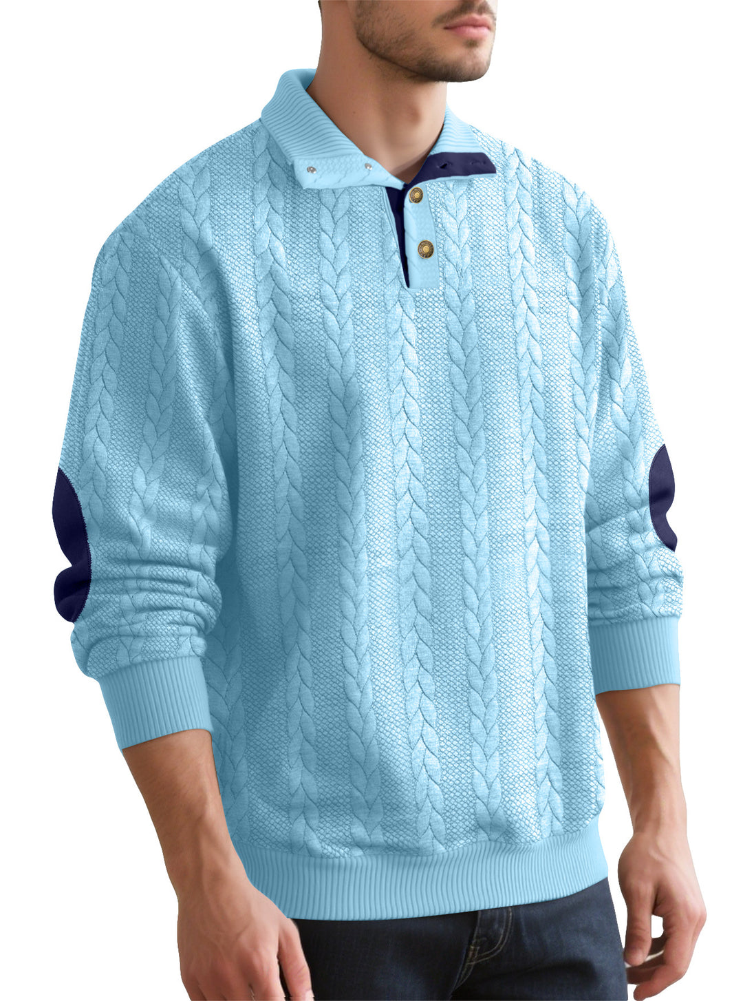 Herren nan Zopfmuster-Halbknopf-Pullover mit hohem Stehkragen und Wildleder-Ellbogenpatches EB
