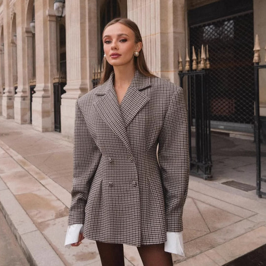 Damen Eleganter Karoblazer mit doppelter Knopfleiste EB