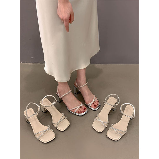 Damen elegante Sandalen mit funkelnden Riemchen und modischem Blockabsatz EB