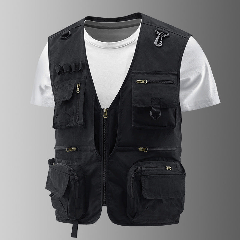 Herren Multifunktionale Outdoor-Utilityweste mit zahlreichen Reißverschlusstaschen, D-Ring und Karabiner EB