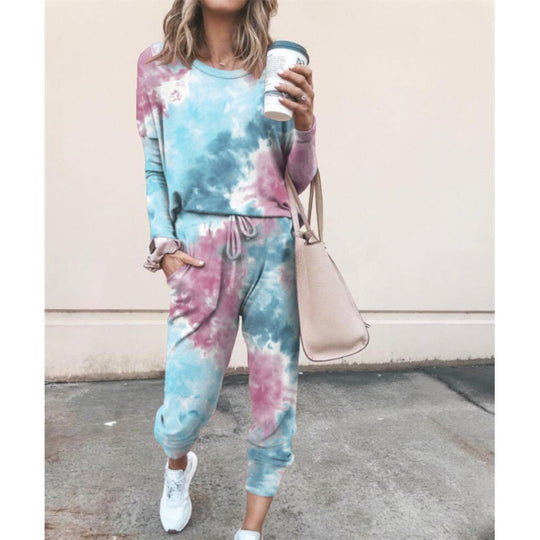 Damen Lässiger Tie-Dye Lounge-Jumpsuit mit Kordelzug und Eingrifftaschen EB