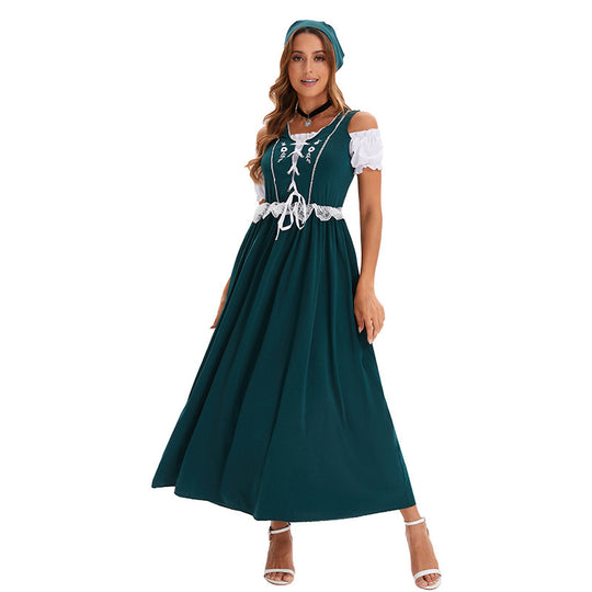 Damen nan langes Trachtenkleid im Dirndlstil mit Corsage-Schnürung und Spitzenbund EB