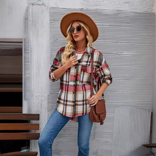 Damen Karottenjacke im lässigen Oversized-Stil mit kontrastierenden Karomustern EB