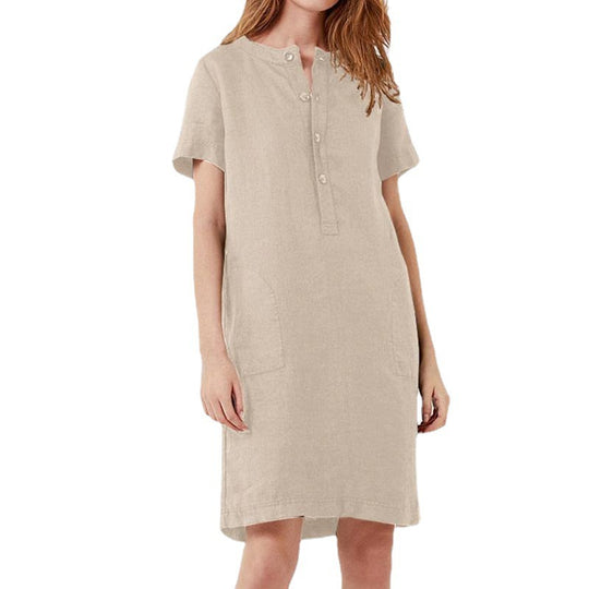 Damen lässiges Leinenkleid mit Knopfleiste und praktischen Taschen EB