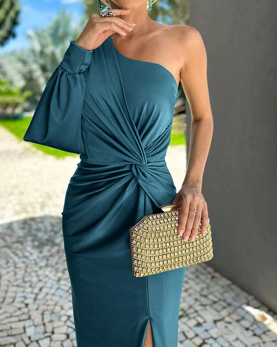 Damen Elegantes Wickelkleid mit asymmetrischem Ausschnitt und seitlichem Schlitz EB