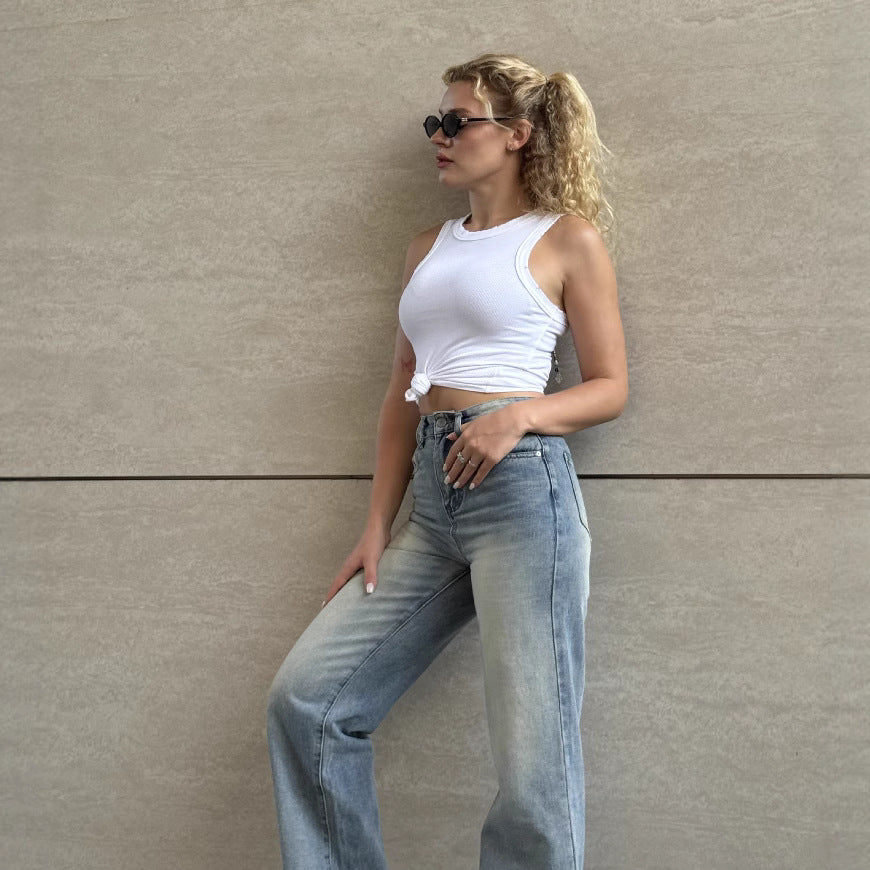 Damen Weite High-Waist Jeans im klassischen Vintage-Stil mit modernen Waschungen EB