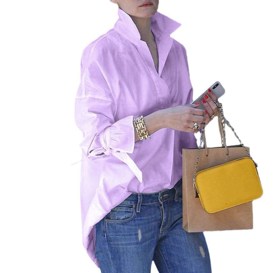Damen lässige Overshirt-Bluse mit hohen Kragen und modernen Bindegürteln EB