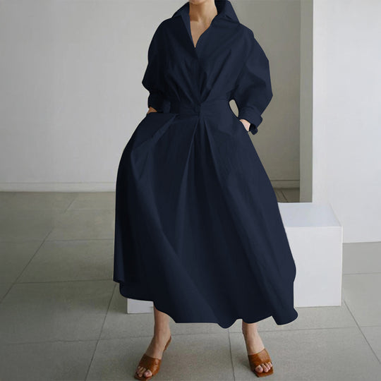 Damen nan tailliertes Hemdblusenkleid mit kastigem Kragen, mittellangen Ärmeln, Seitentaschen und ausgestelltem Tellerrock EB