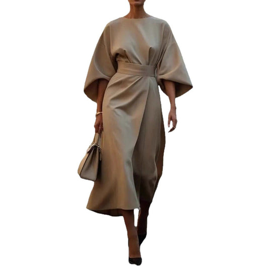 Damen fließendes Maxikleid mit eleganten Ärmeln und Taillengürtel EB