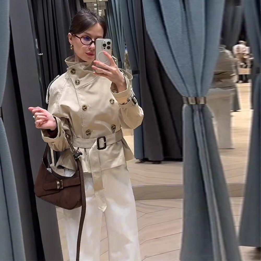 Damen trendige Kurzjacke im modernen Trenchcoat-Stil mit breitem Kragen und Taillengürtel EB