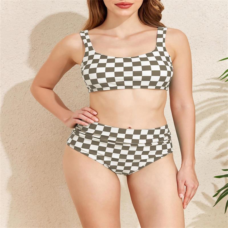 Damen Bikini-Set mit modischem Karomuster und hohem Taillenschnitt EB