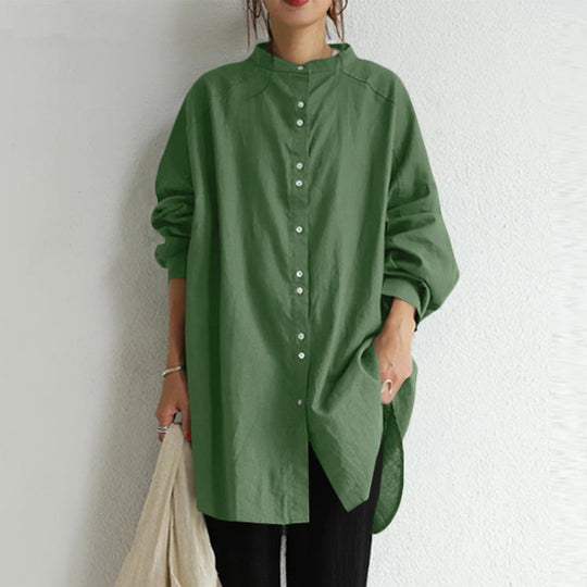 Damen nan lässige Oversize-Tunika-Hemdbluse mit Stehkragen, durchgehender Knopfleiste und seitlichen Schlitzen EB