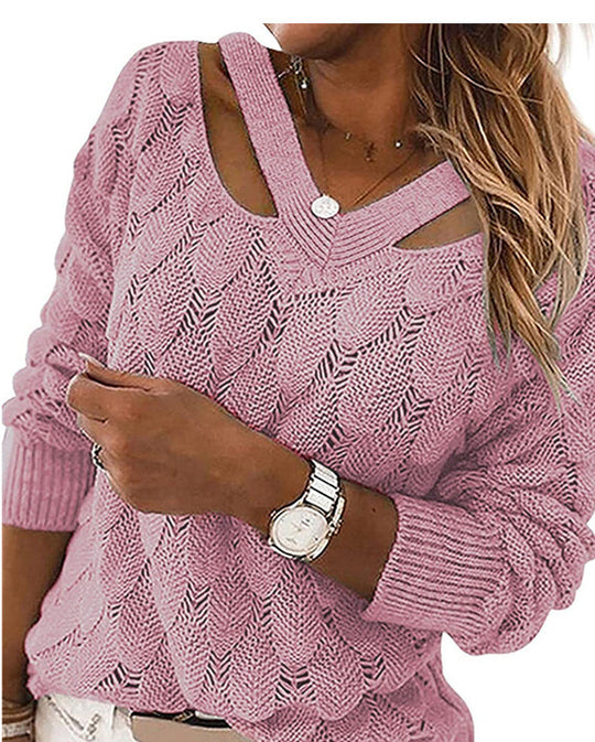 Damen Strickpullover mit V-Ausschnitt und raffiniertem Rippstruktur EB