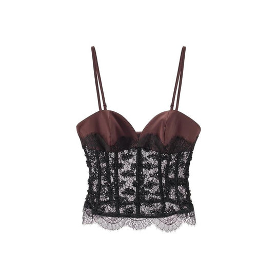 Damen Spitzen-Crop-Top mit herzförmigem Ausschnitt und eleganter Bundkante EB