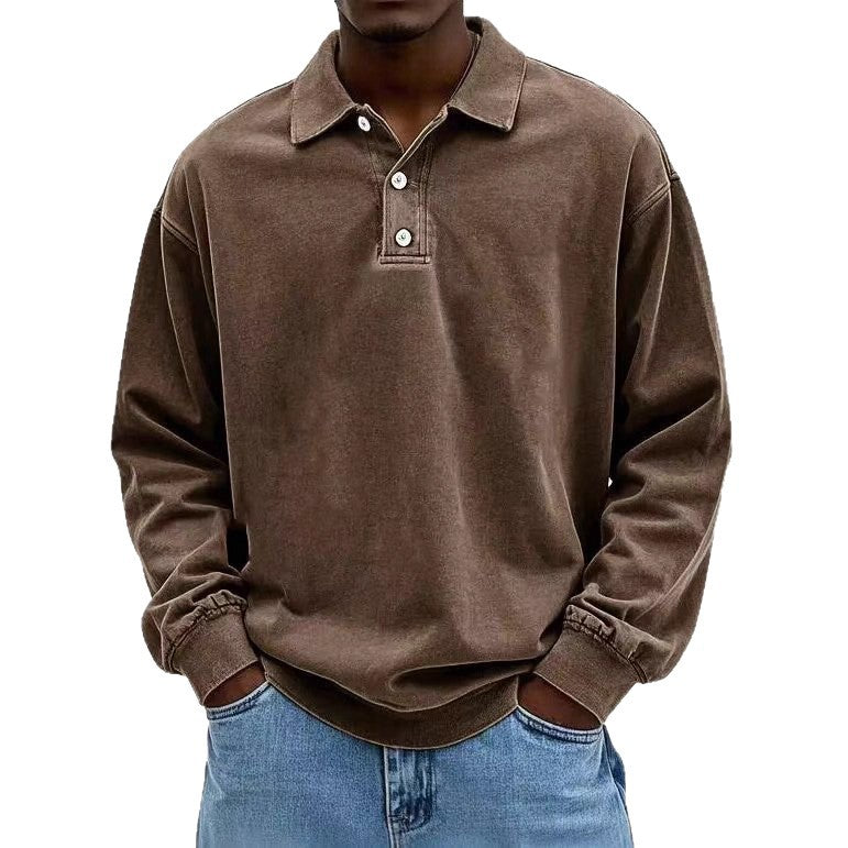 Herren nan lässiges Poloshirt-Sweatshirt mit Kragen, Vintage-Waschung und dreiteiliger Knopfleiste EB