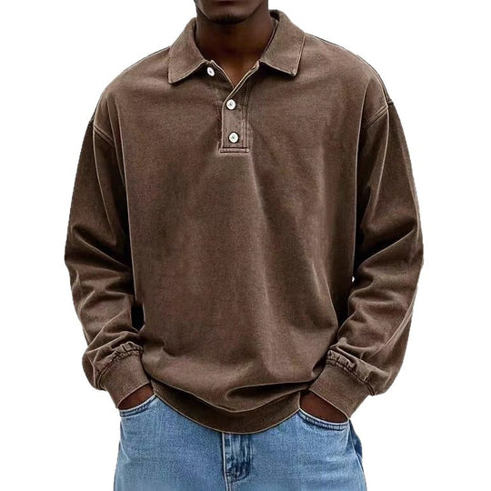Herren nan lässiges Poloshirt-Sweatshirt mit Kragen, Vintage-Waschung und dreiteiliger Knopfleiste EB