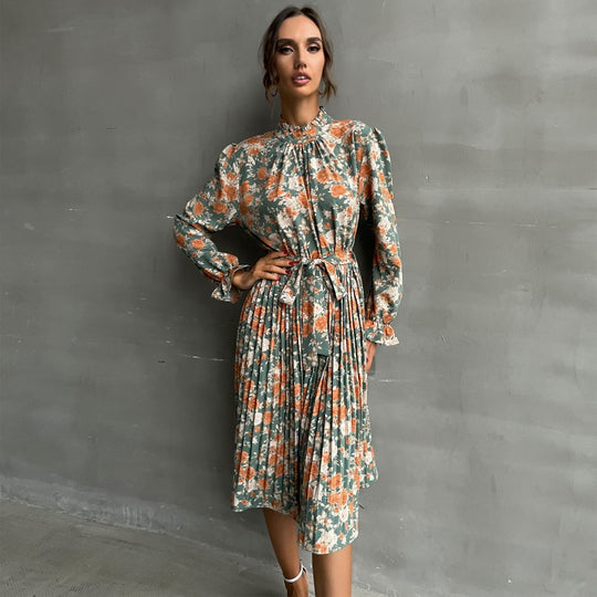 Damen Midikleid mit floralem Muster und Taillengürtel EB