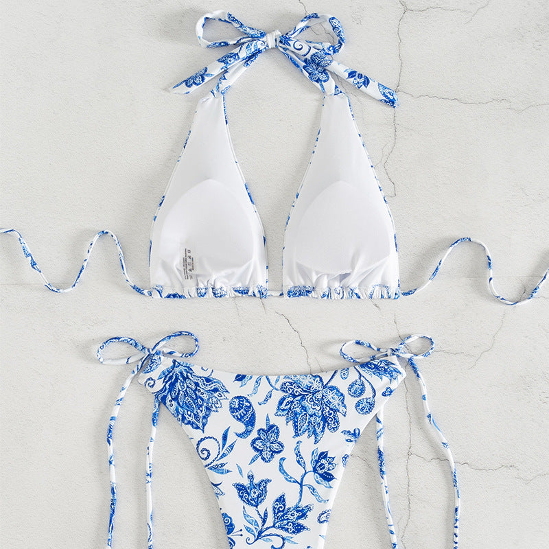 Damen Triangel-Bikini-Set mit verspieltem floralem Design und eleganten Bindebändern EB