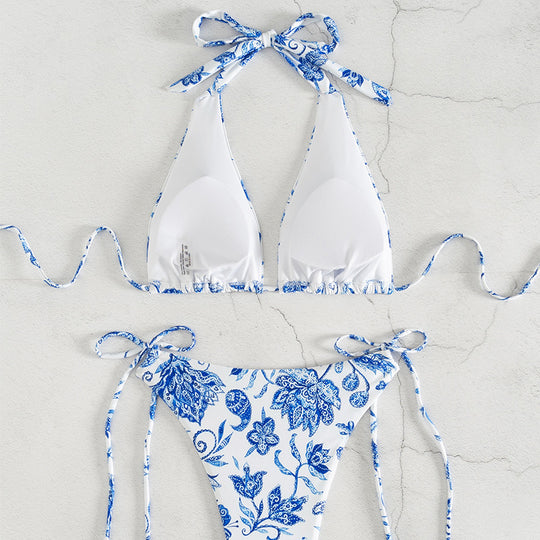 Damen Triangel-Bikini-Set mit verspieltem floralem Design und eleganten Bindebändern EB