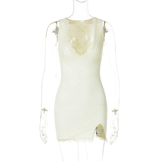 Damen Spitzenkleid mit tiefem V-Ausschnitt und seitlichem Schlitz EB