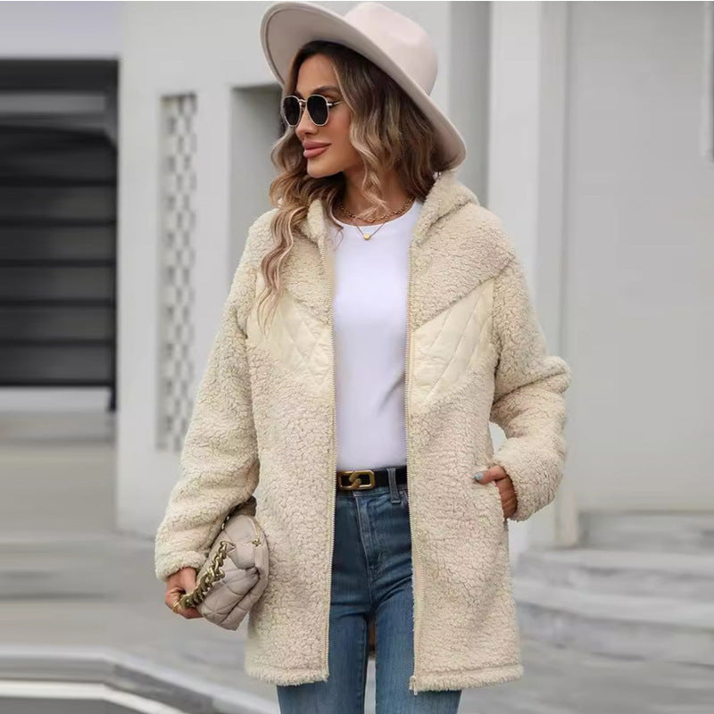 Damen Oversized Teddyjacke mit Kapuze und praktischen Taschen EB