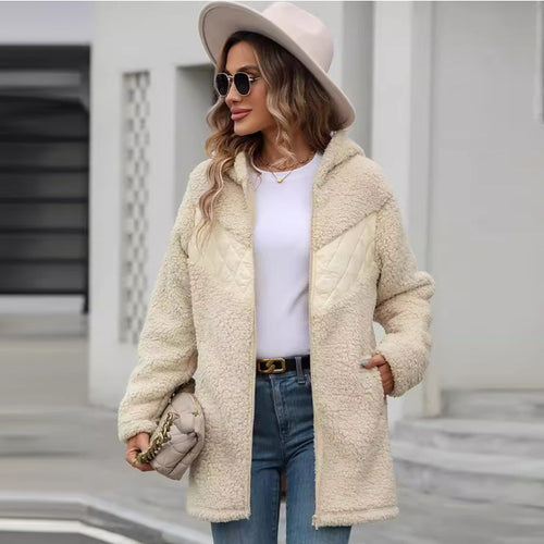 Damen Oversized Teddyjacke mit Kapuze und praktischen Taschen EB