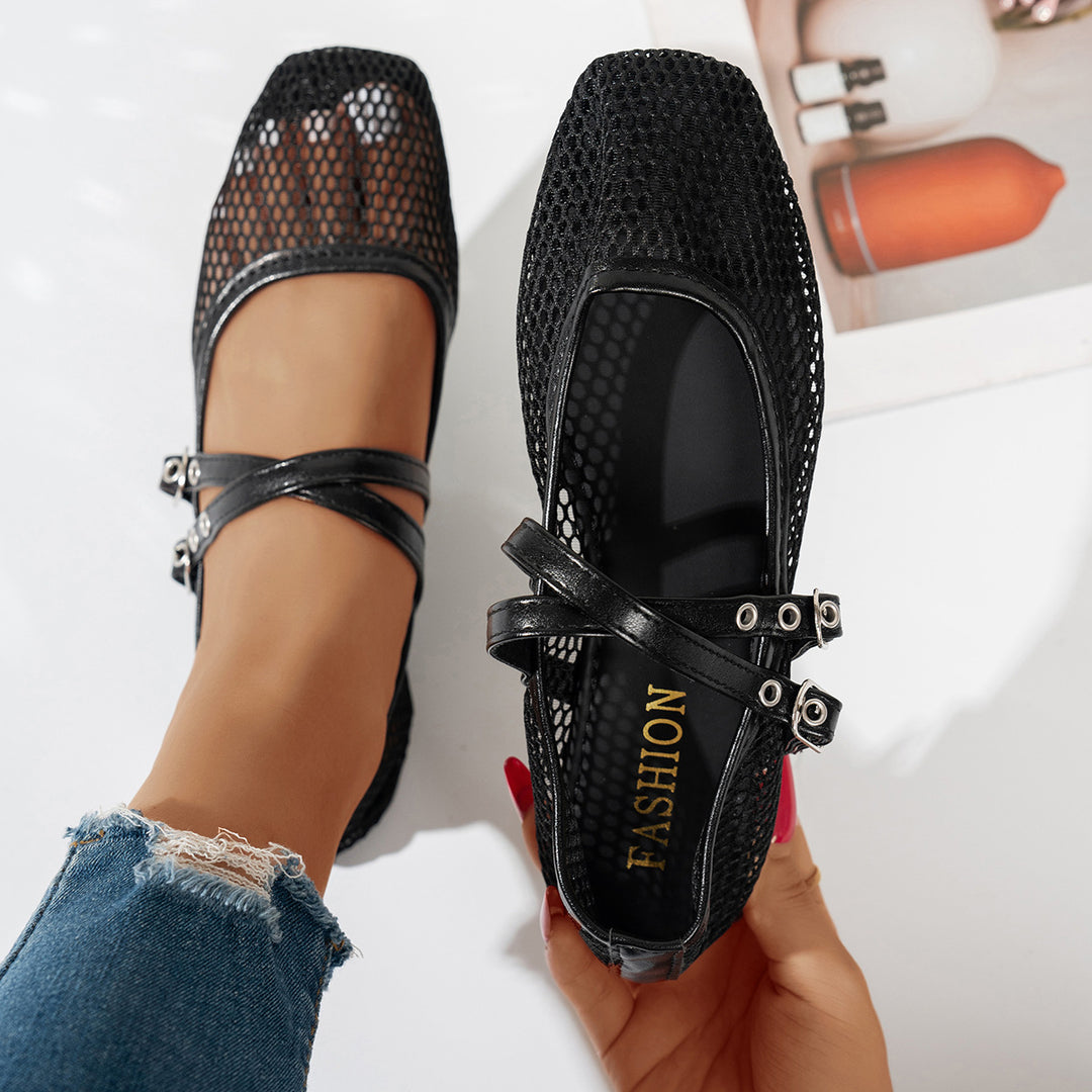 Damen modische Ballerinas mit atmungsaktivem Netzdesign und verstellbaren Riemen EB