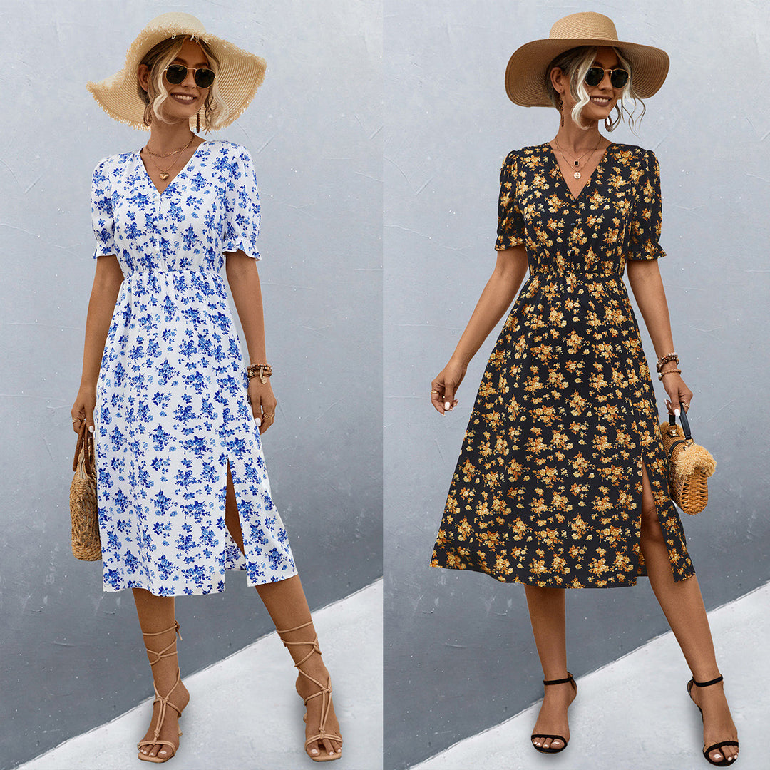 Damen midi Kleid mit floralen Mustern und seitlichem Schlitz EB