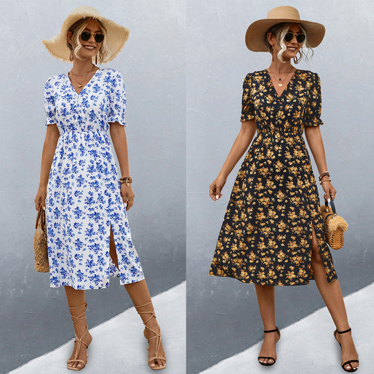 Damen midi Kleid mit floralen Mustern und seitlichem Schlitz EB