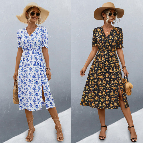 Damen midi Kleid mit floralen Mustern und seitlichem Schlitz EB