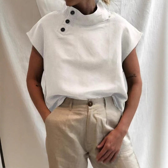 Damen moderne Bluse mit Stehkragen und eleganten Knopfdetails EB