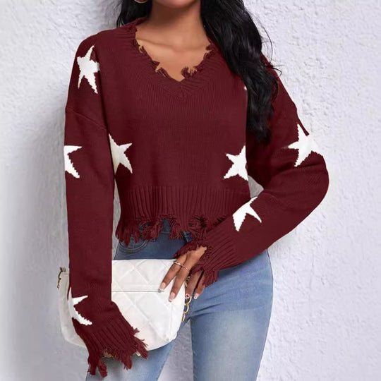 Damen modischer Sweatpullover mit Sternenmotiv und ausgefranstem Saum EB