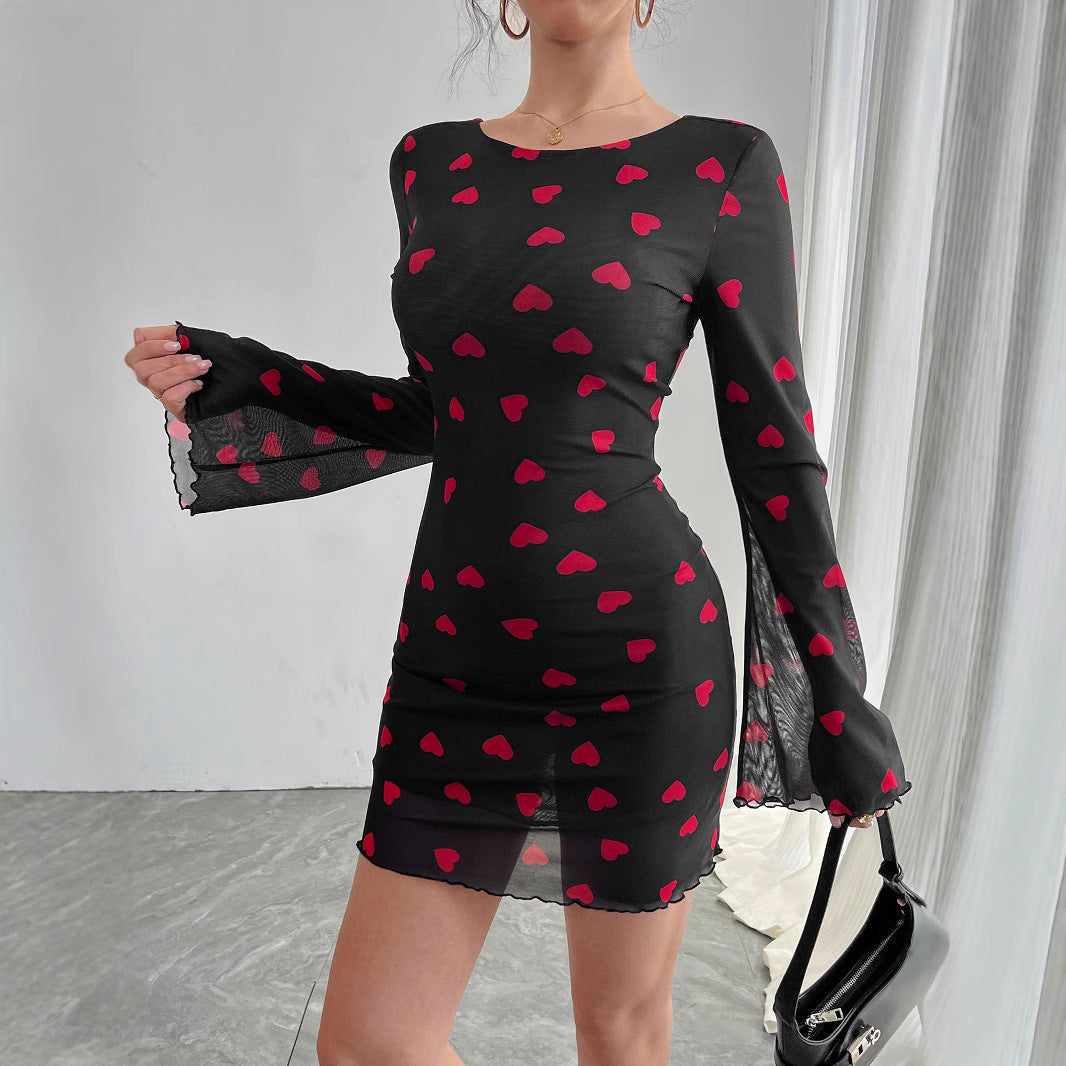 Damen Minikleid mit romantischem Herzmuster und langen Ärmeln EB