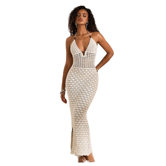 Damen elegantes gehäkeltes Strandkleid mit tiefem V-Ausschnitt EB