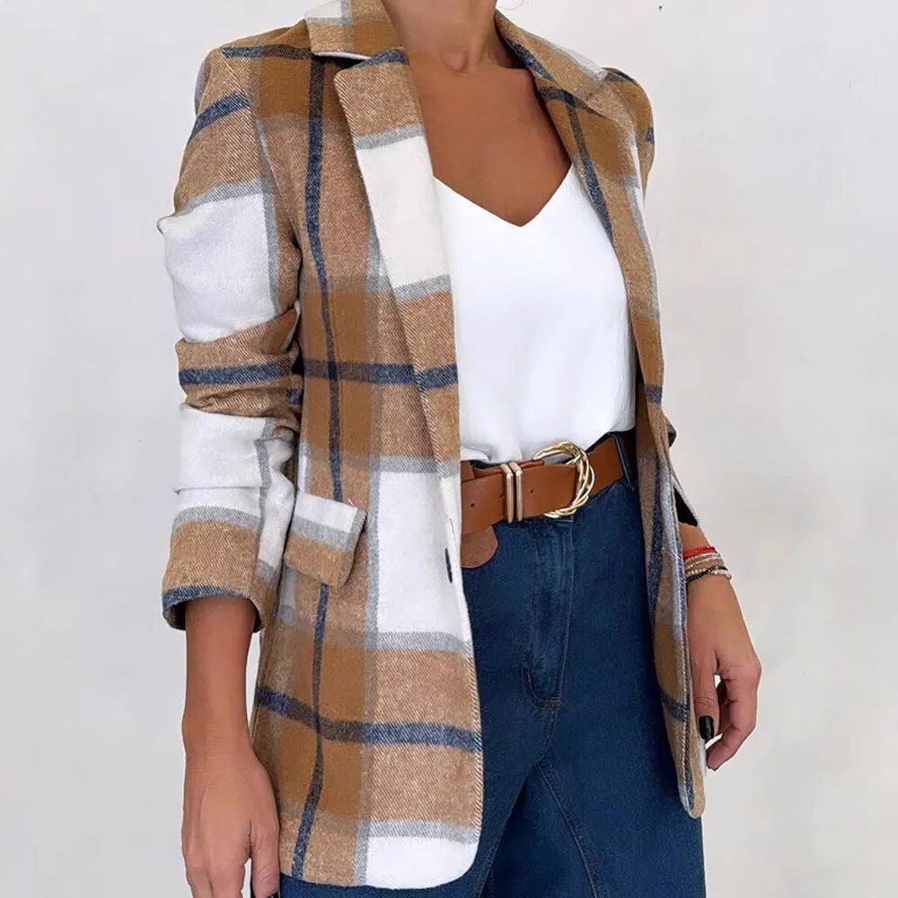 Damen Kariertes Blazerjacke aus weichem Material mit eleganten Details EB