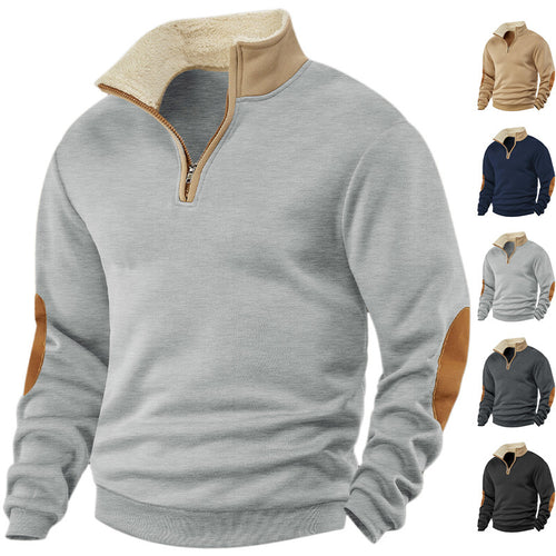 Herren nan Fleece-Halbzippullover mit Sherpa-Kragen und Ellenbogenpatches EB