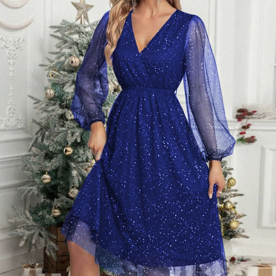 Damen Glamouröses Midikleid mit transparenten Puffärmeln und schimmerndem Paillettenmuster EB