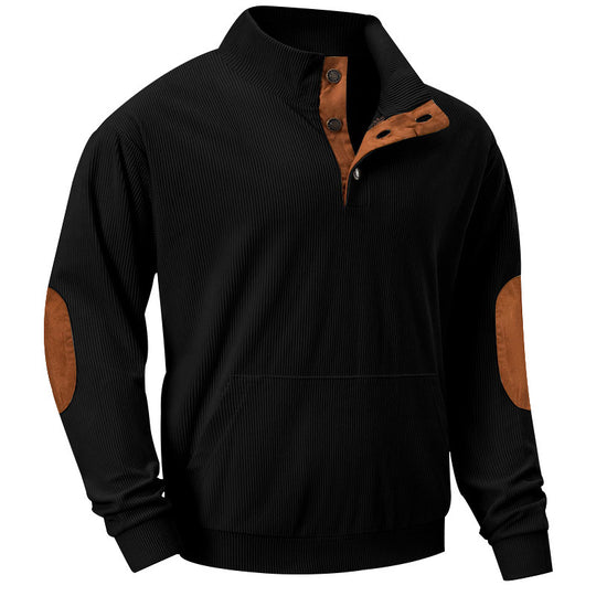 Herren Strukturiertes Ripp-Henley-Sweatshirt mit Stehkragen, Kängurutasche & Velours-Ellbogenpatches EB