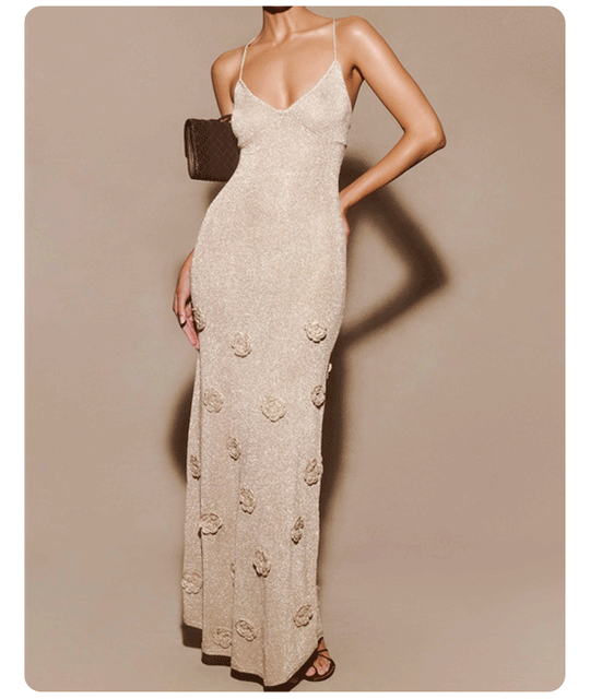 Damen Elegantes Maxikleid mit funkelnden Blütenapplikationen EB