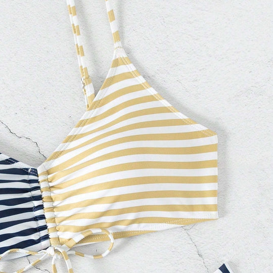 Damen Triangel-Bikini mit raffiniertem Knoten und modischem Streifenmuster EB