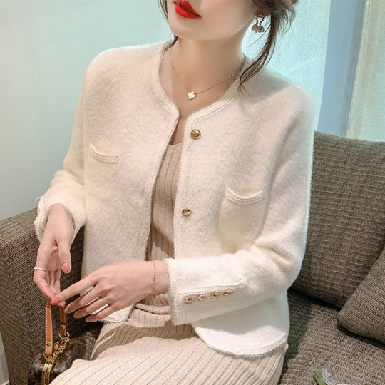 Damen elegante Strickjacke mit goldenen Knöpfen EB